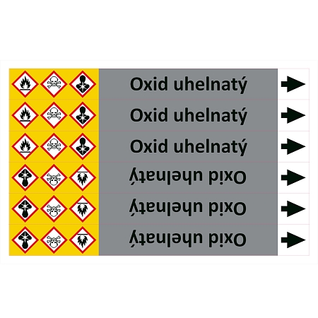 Značení potrubí ISO 20560, oxid uhelnatý, 6 ks (3P + 3L), 250 × 26 mm